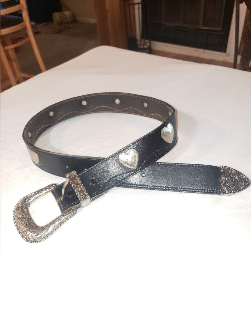 Vintage Woman Leather Belt Handmade Silver Buckle And  Hearts Size 28